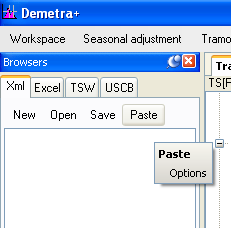 Demetra+ pierwszy model Demetra+ interfejs u»ytkownika i import danych Metoda TRAMO-SEATS Kluczowe wyniki Rozszerzenia TRAMO-SEATS implementacja w Demetrze+ Wklejenie danych (1) zakªadka XML w oknie