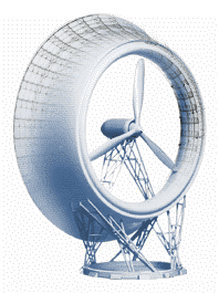 Turbiny o osi poziomej wyposażone w dyfuzor Rys. 43. Turbina firmy Vortec o średnicy wirnika 54 m i mocy 3,5 MW. W turbinach z dyfuzorem wykorzystuje się fakt wynikający z prawa Bernouliego.