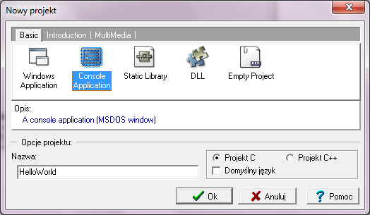 Hello World - 3 Pojawi się okno służace do ustalenia parametrów nowego