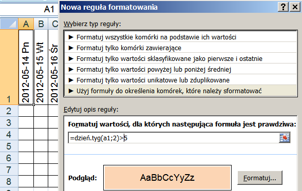 S t r o n a 10 4. Dodatkowo, jeżeli chcemy aby w komórce z datą był wyświetlany dzień tygodnia odpowiednio formatujemy wszystkie daty.