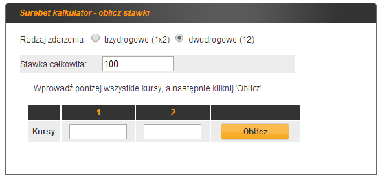 Kalkulator do obliczeń surebet Przykładowo serwis http://wybierzkurs.