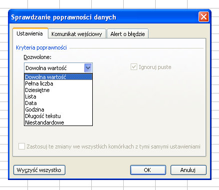 SPRAWDZANIE POPRAWNOŚCI DANYCH REGUŁY POPRAWNOŚCI DANYCH, LISTA ROZWIJALNA Sprawdzanie poprawności danych w programie Microsoft Excel umożliwia zdefiniowanie typu danych, które mają byd wprowadzane w