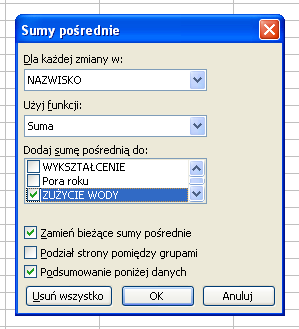 11 WARIANCJA.POPUL Parametry można zmieniad używając klawisza kreatora funkcji fx: Adres jest zakresem lub adresem, dla którego ma byd obliczona suma częściowa.