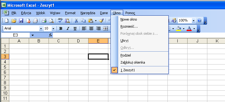 INTERFEJS UŻYTKOWNIKA I JEGO OPCJE Elementy okna programu MS Excel 2003: Pasek tytułu - zawiera nazwę programu i tytuł arkusza (jeśli otwarty jest na cały ekran) Menu - zawiera opcję rozwijalnych