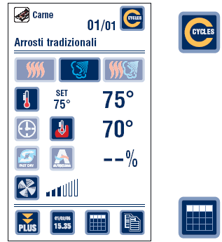 12.5.2 USTAWIANE CYKLI GOTOWANIA W trakcie gotowania wyświetlane parametry są pokazywane w czasie rzeczywistym, a naciskając na odpowiednie ikonki lub odpowiadające im wartości pokazują się wartości