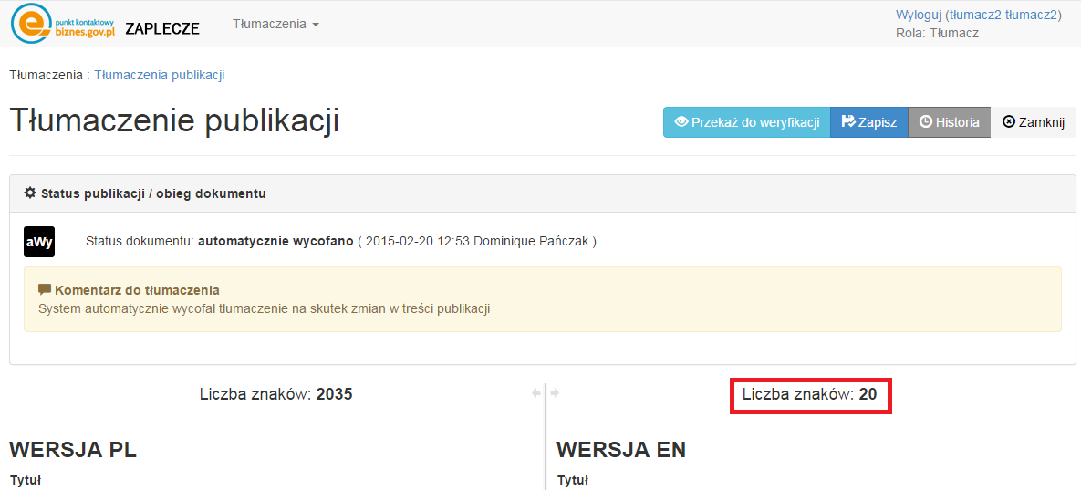 Rysunek 97 Funkcjonalność zielonej chmury widok po użyciu Użytkownik ma dodatkowo możliwość analizy liczby znaków użytych w tłumaczeniu.