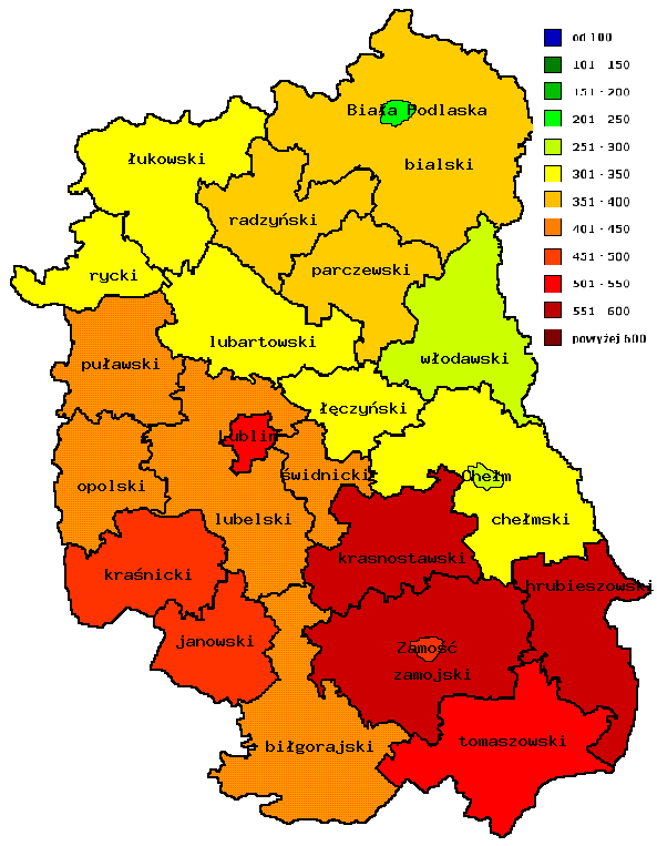 Mapa : Rozkład geograficzny zachorowalności na nowotwory złośliwe wśród mężczyzn w poszczególnych powiatach województwa