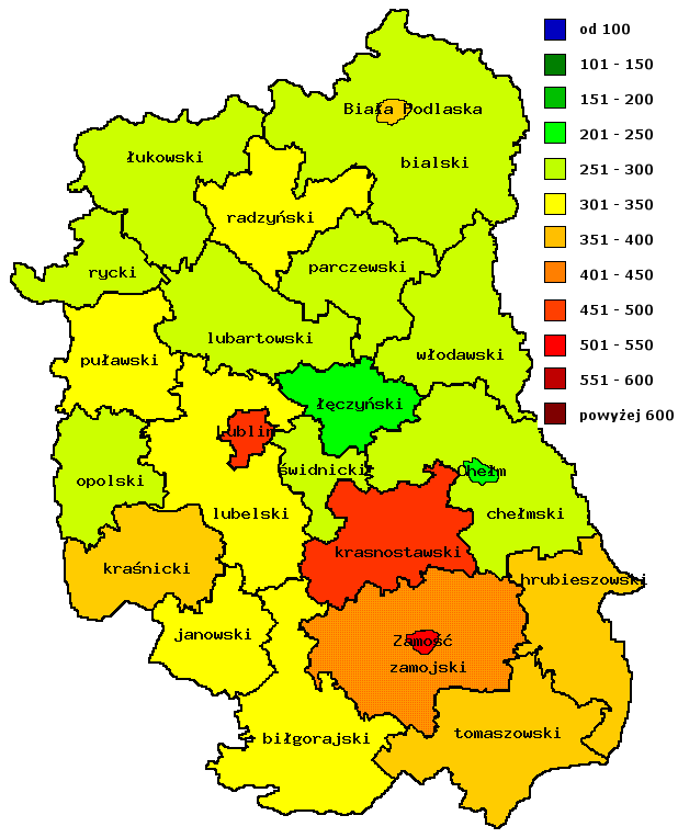 Mapa : Rozkład geograficzny zachorowalności na nowotwory złośliwe wśród kobiet w poszczególnych powiatach województwa