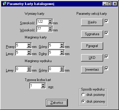 8 1.4.1. Wydruk kart Karty katalogowe mają znormalizowane, stosunkowo niewielkie (jak na druk komputerowy) wymiary i są przygotowywane na papierze o dużej gramaturze (kartonie).