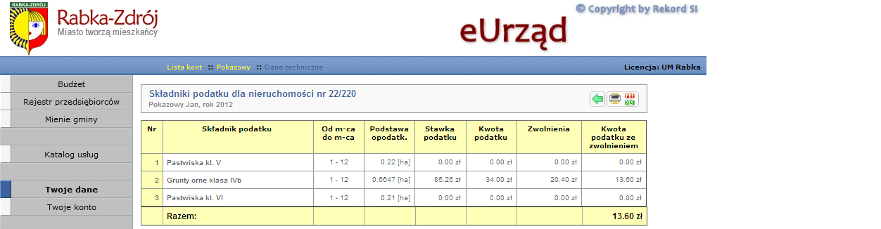 W nagłówku strony znajdują się dane adresowe i osobowe oglądanej osoby, W tym miejscu użytkownik w polu Rok może wybrać rok, z którego dane podatkowe chce oglądać.