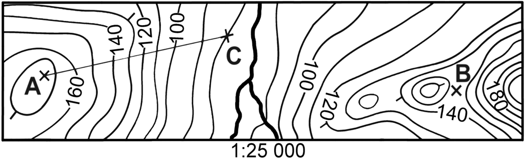 Zadanie 19. Na rysunku przedstawiono fragment mapy poziomicowej. Która informacja jest prawdziwa? A. Punkt B leży na szczycie pagórka. B. Wysokość bezwzględna punktu C wynosi 100 m n.