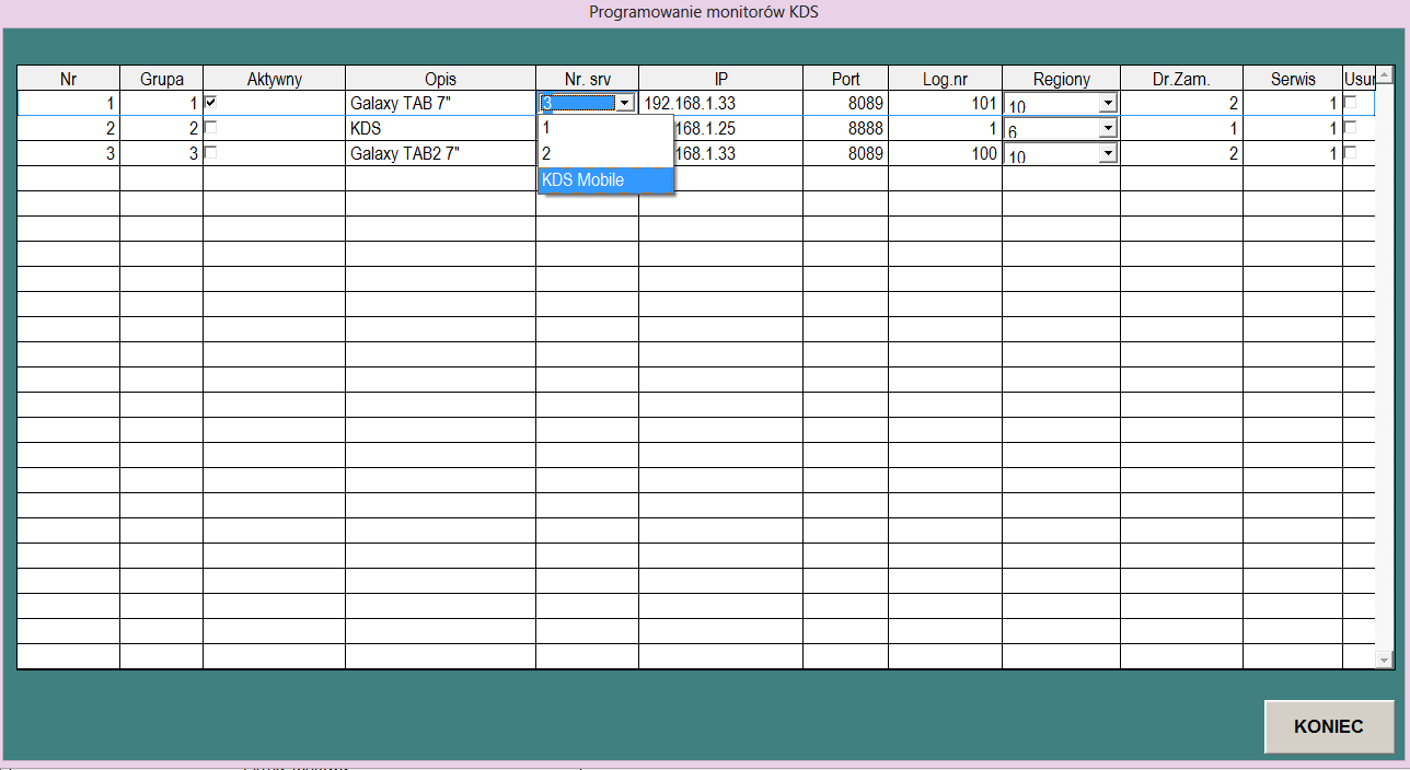 Rysunek 178. Programowanie monitorów KDS Pewne pola związane z konfiguracją KDSMobile są tutaj nieużywane.