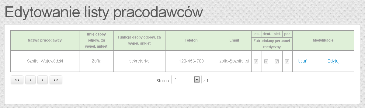 2.2.2 EDYTOWANIE LISTY PRACODAWCÓW W celu edycji danych pracodawcy należy otworzyć stronę Pracodawcy >> Edytowanie listy pracodawców Strona umożliwia edycję wszystkich danych pracodawcy jak też jego