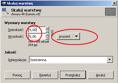 Ustawiamy procent i szerokośc 5 i wysokość 5 - wybieramy narzędzie wypełnianie