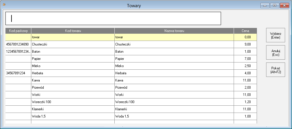 Wprowadzanie towaru poprzez wybór z kartoteki Towary można również wprowadzać poprzez dodanie go z kartoteki towarów. Wybiera się wówczas przycisk Towary.