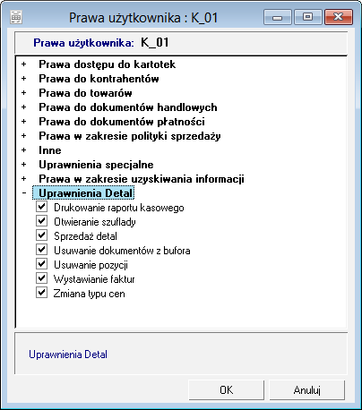 Uprawnienia użytkownika detalu W uprawnieniach użytkowników została dodana nowa grupa praw - Uprawnienia Detal. Uprawnienia w zakresie detalu: Uprawnienia użytkownika grupa Uprawnienia Detal.