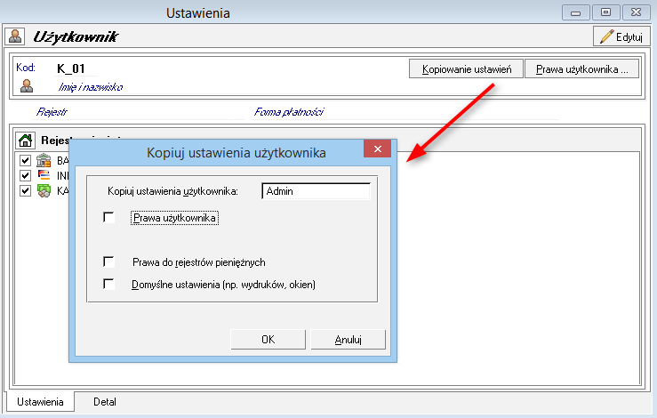 Kopiowanie ustawień użytkownika ustawienia wydruku użytkownika detalu Zmianie uległo wywoływanie okna kopiowania ustawień dla użytkownika oraz dodana została grupa kopiowania domyślnych ustawień dla