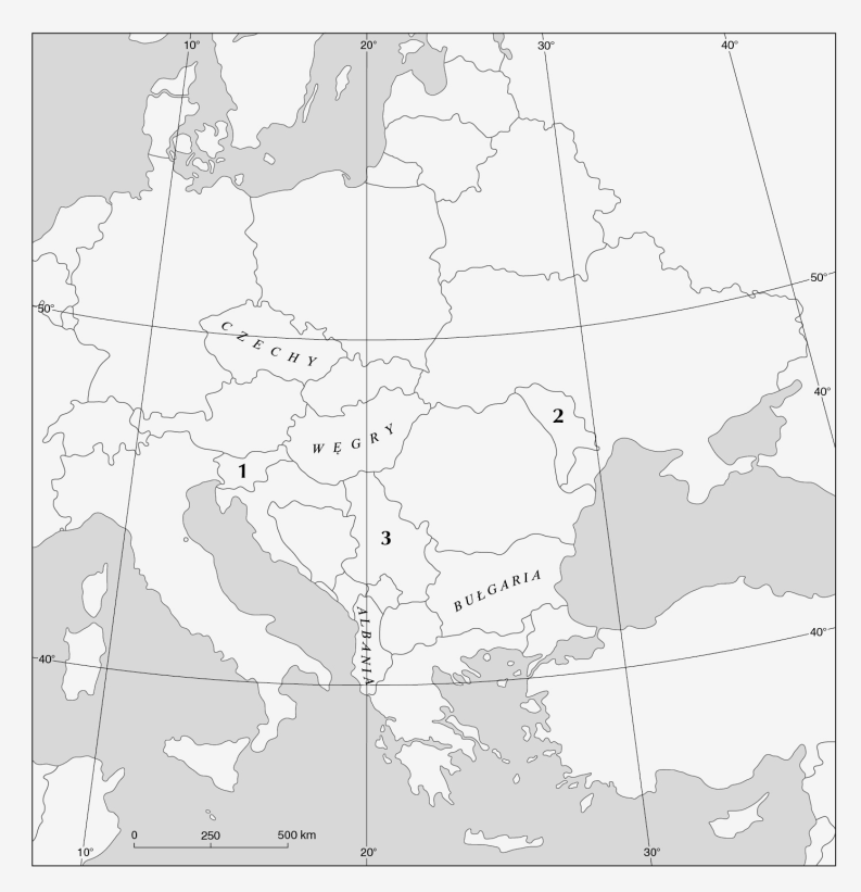 25. Na mapie konturowej oznaczono kraje Europy Środkowo-Wschodniej. a) Kraj utworzony po 1989 roku to A. Albania B. Bułgaria C. Czechy D. Węgry b) Na mapie cyframi 1 3 oznaczono trzy kraje.