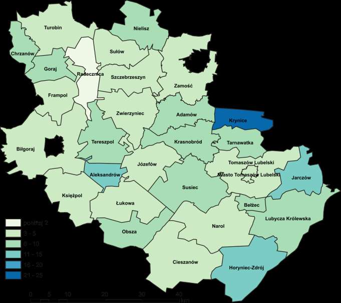 Liczba projektów na 10000 mieszkaoców projekty gminne 111/212 projektów 30/30 gmin od 1 do 7