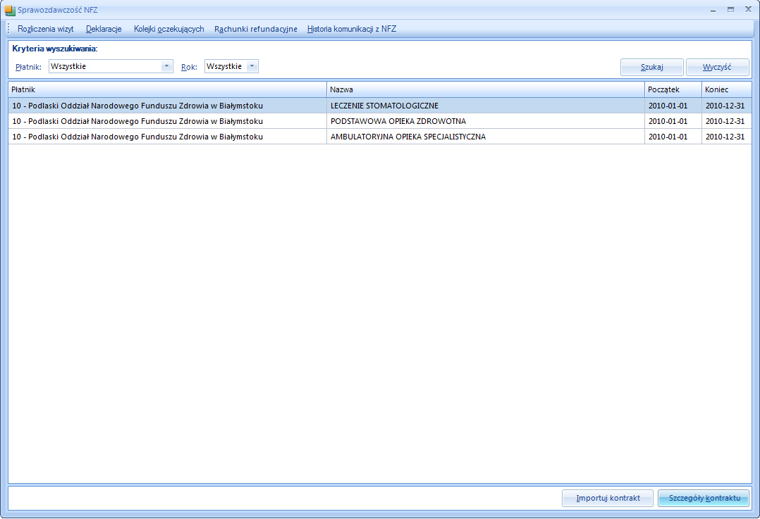 Rysunek 7. Lista zaimportowanych kontraktów. Sprawozdawczośd NFZ. 1.1.4.