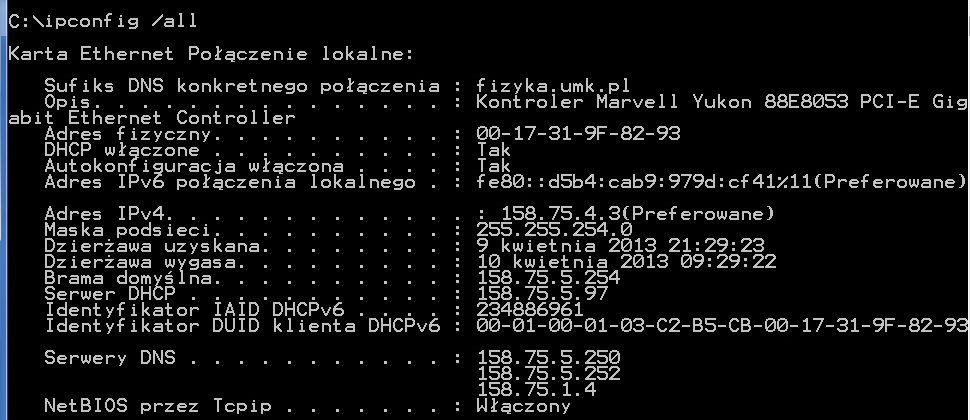 6 Mariusz Piwiński, Praktyczna analiza sposobu działania protokołu DHCP Rysunek 3 Weryfikacja konfiguracji interfejsu sieciowego. Wynik wywołania polecenia ipconfig /all w trybie wiersza poleceń.