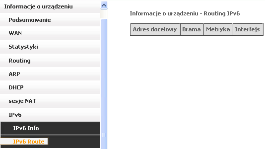 4.6 IPv6 4.6.1 IPv6 info Pole Interfejs Status Adres IPv6 Prefix Adres Link-Local Brama domyślna IPv6 Serwer DNS IPv6 Opis Interfejs WAN, na którym adresacja IPv6 jest aktywna Status połączenia