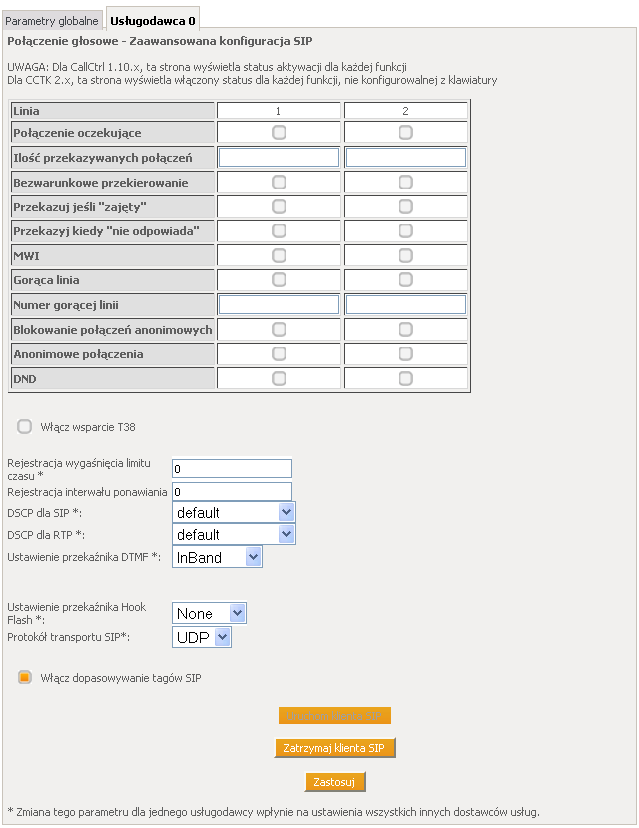 Linia 1 i 2 Porty FXS1 1 FXS2 Połączenie oczekujące Zaznacz pole wyboru aby włączyć tą opcję.