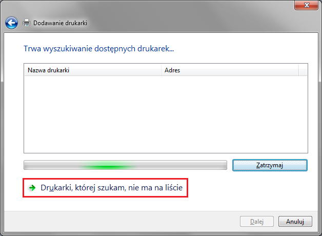 KROK 4: Wybierz pole Dodaj drukarkę sieciową, bezprzewodową lub Bluetooth i kliknij przycisk Dalej.