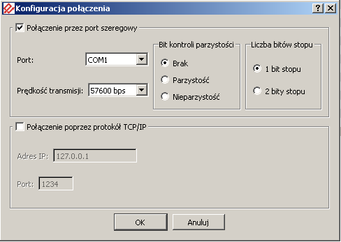 Rys. 11. Okno konfiguracji połączenia Domyślnymi ustawieniami są: komunikacja poprzez port szeregowy, prędkość 57600 bit/s, pierwszy port szeregowy, brak bitu parzystości, jeden bit stopu. 4.2.