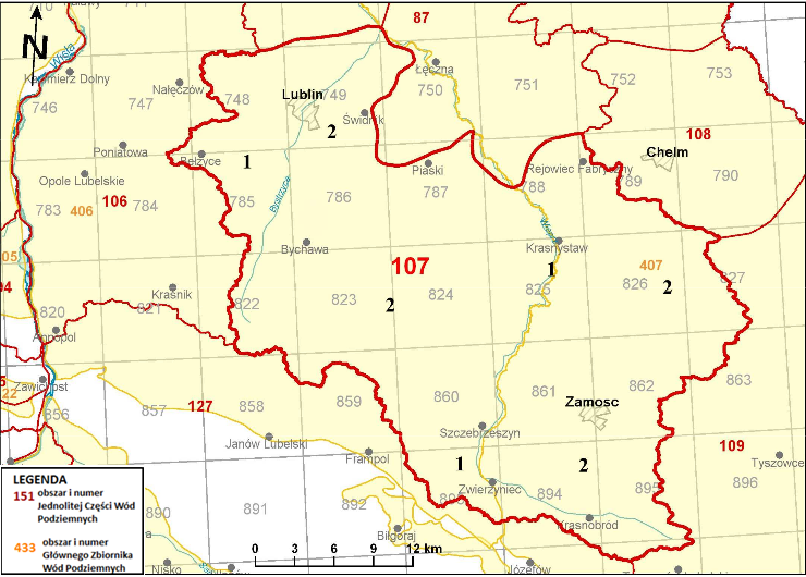 Rysunek 10 Lokalizacja GZWP i JCWPd w obrębie MOF Krasnystaw PLUS według podziału na 161 części obowiązującego do końca 2015 roku Źródło: Strona internetowa Państwowych Służb Hydrogeologicznych,