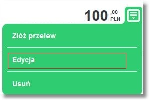 6.2.7.2. Edycja szablonu przelewu Użytkownik ma możliwość wykonania edycji danych dla wybranego szablonu przelewu poprzez wybór odnośnika Edycja