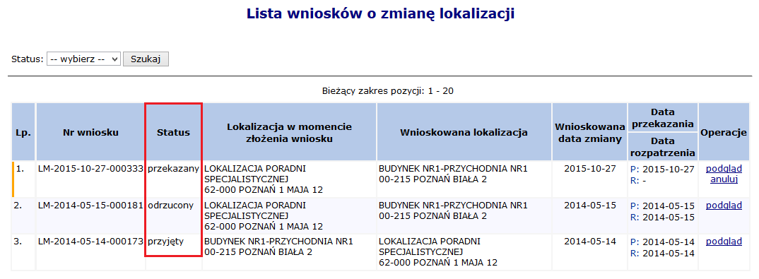 6. Aby zapoznać się z wygenerowanym wnioskiem należy z kolumny Operacje wybrać Wnioski o zm. lok.. Rys. 8.8 Lista wniosków o zmianę lokalizacji 7.