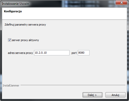 6. Następne okno pokazuje stan instalacji aplikacji USCWIN 7. W kolejnym oknie należy podać parametry serwera proxy, jeżeli taki jest używany przy dostępie do internetu w danym Urzędzie.