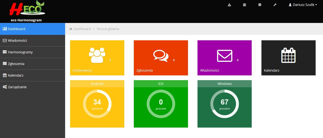 Strona Główna Dashboard Po zalogowaniu do systemu H-eco użytkownik automatycznie zostaje przekierowany na stronę główną systemu Dashboard.