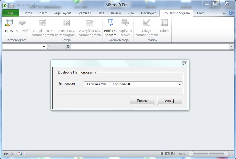 Po pobraniu i zainstalowaniu dodatku w programie MS Excell pojawia się nowa zakładka Eco Harmonogram, która służy do zarządzania harmonogramem.