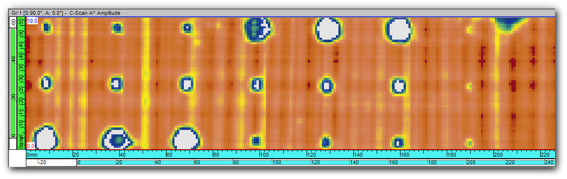 C-scan amplitudowy echa dna pokazano na rys. 10. W tym przypadku kolor zobrazowania odpowiada amplitudzie echa dna badanej próbki laminatu węglowego. Rys. 10. C-scan amplitudowy echa dna próbki laminatu węglowego z otworami płaskodennymi.
