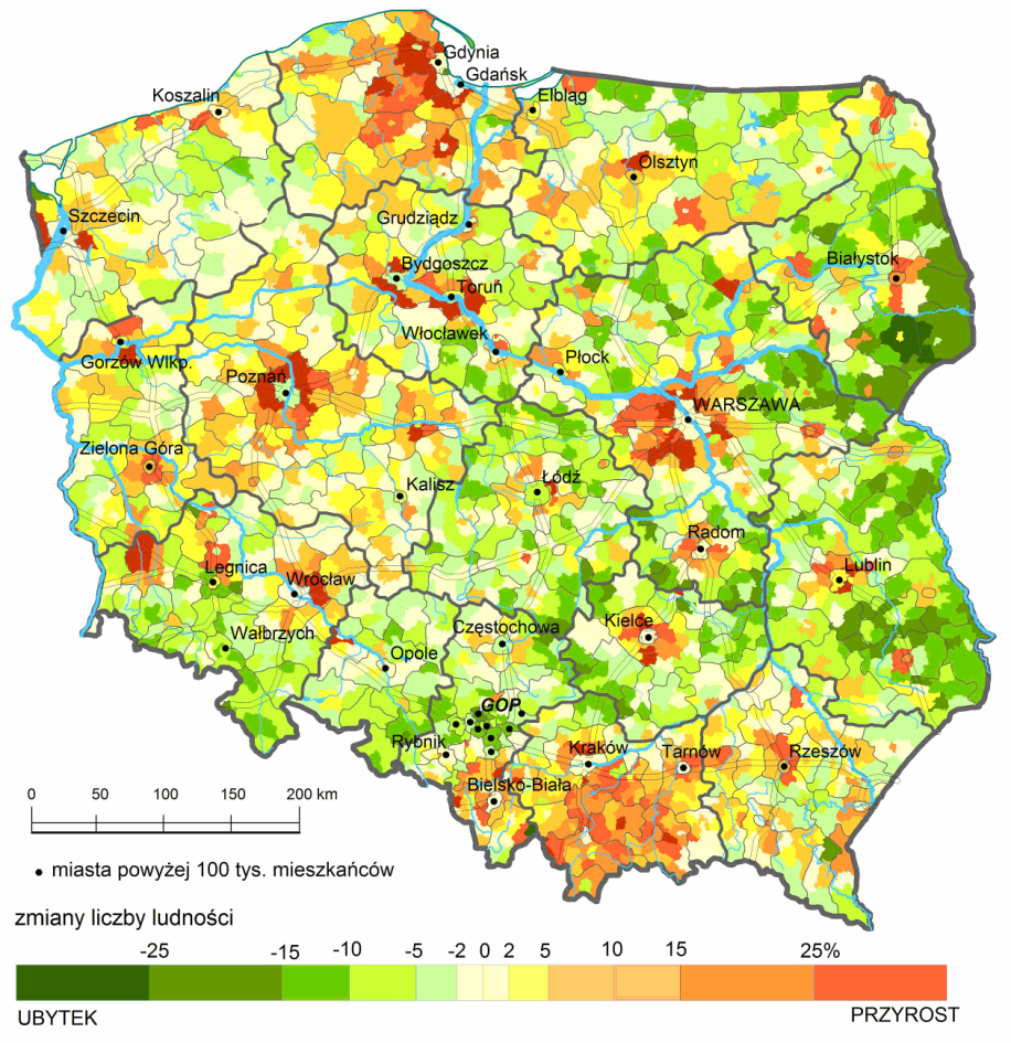 depopulacja głównie peryferyjnie położonych obszarów wiejskich przy silnym starzeniu się pozostającej na miejscu ludności; koncentracja młodszych i lepiej wyedukowanych roczników na obszarach