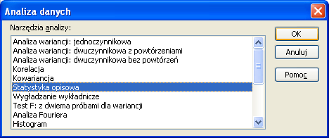 Narzędzia analizy w oknie Analiza danych W oknie Narzędzie analizy wybieramy interesującą nas zakładkę a więc w tym