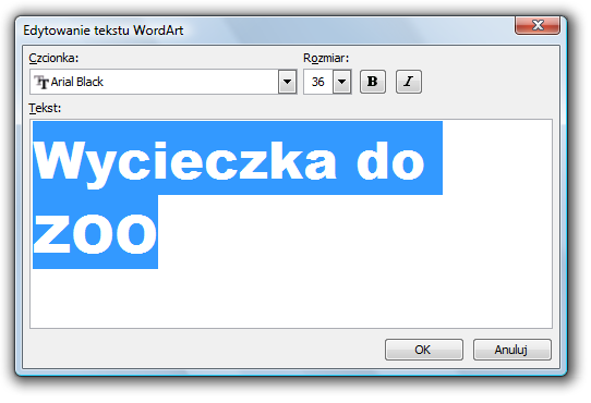 Następnie jeżeli mamy wpisany nasz tekst (powinno się to stać automatycznie) i nie chcemy zmieniać rodzaju i wielkości czcionki ponownie klikamy Ok.