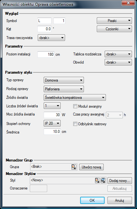 Rys 5. Okno własności oprawy oświetleniowej.