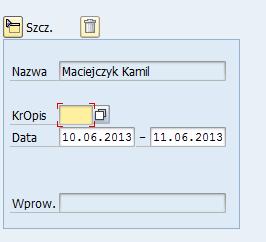 Wprowadzanie wpisu dla zaznaczonego okresu o Na kalendarzu zaznaczmy okres, na który ma być wprowadzona nieobecność o Na dole ekranu, naciskamy TWORZENIE (biała karteczka).