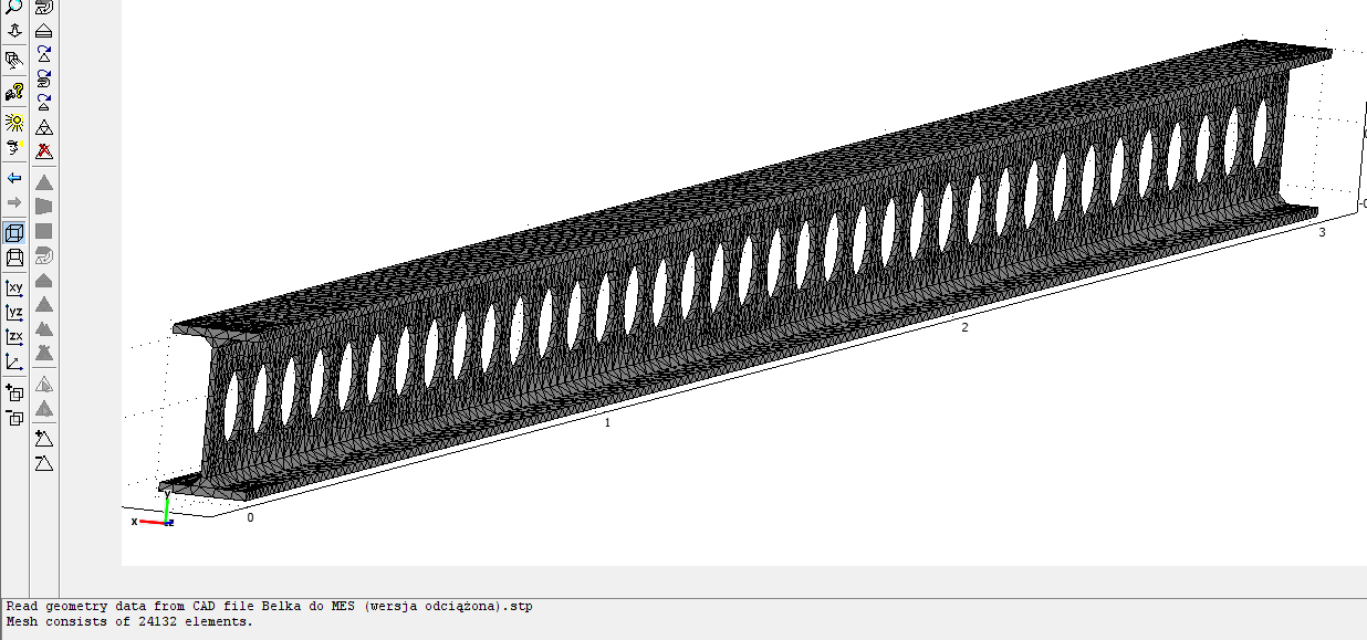 Siatka elementów skończonych belki odciążonej (24132 elementy
