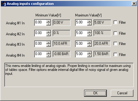 Aby uzyskać jak największy zakres możliwych modyfikacji sygnału należy poprawnie skonfigurować zakres sygnału wejściowego (menu Analog Inputs Configuration).