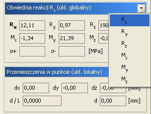 8 Analiza wyników R3D3-Rama 3D Po zaznaczeniu podpory wyświetlane są wartości obwiedni reakcji. Wybór reakcji, dla której obliczana jest obwiednia dokonuje się z rozwijanego menu.