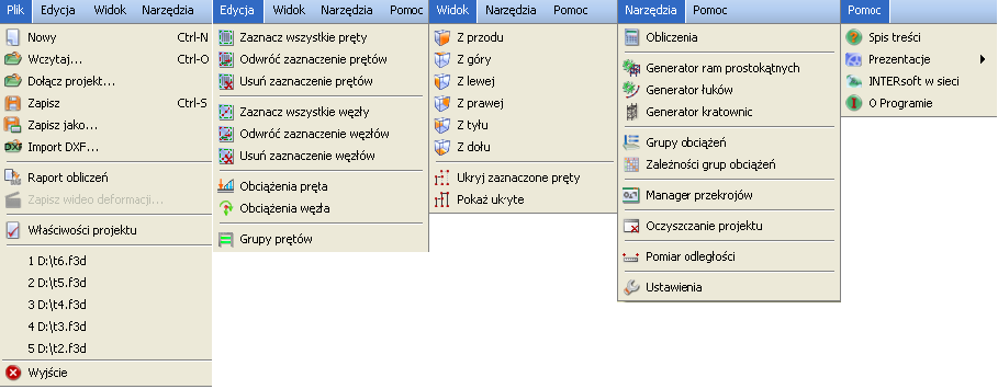 2 Instalowanie i uruchamianie programu R3D3-Rama 3D Okno zależności grup obciążeń i kombinacji Okno definicji grup obciążeń Uruchamianie obliczeń Ustawienia programu i projektu Pomoc kontekstowa Menu