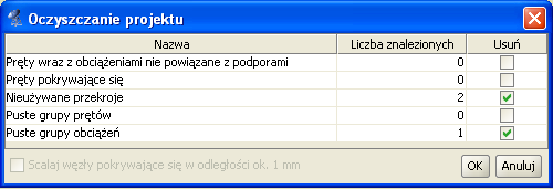 2 Instalowanie i uruchamianie programu R3D3-Rama 3D 2.7 Czyszczenie projektu W menu górnym Narzędzia znajduje się opcja Oczyszczanie projektu.