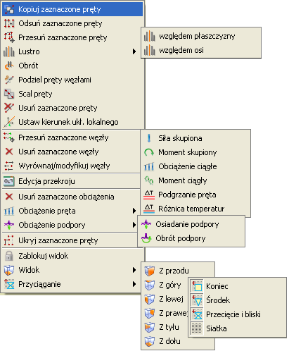 3 Podstawy R3D3-Rama 3D 3.8 Funkcje menu kontekstowego Część operacji edycyjnych dostępna jest z poziomu menu kontekstowego.