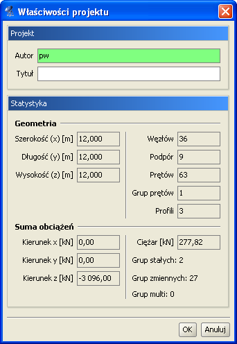 3 Podstawy R3D3-Rama 3D 3.16 Właściwości projektu W oknie Właściwości projektu można wpisać nazwę projektu oraz jego autora. Informacje te zostaną umieszczone w nagłówku raportu. Rysunek 3.