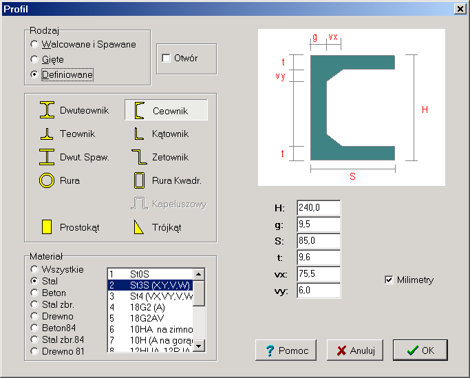 CAD UśYTKOWANIE PROGRAMU RM-3D W.6.X SIS Rys. III:9 - Okno kreowania kształtownika definiowanego Obrót całego przekroju.