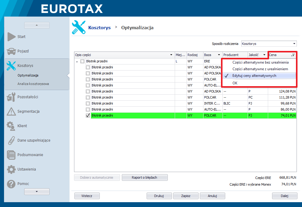 4.3 Kosztorys - możliwo liwość edycji cen częś ęści alternatywnych Nowa wersja Carwerta